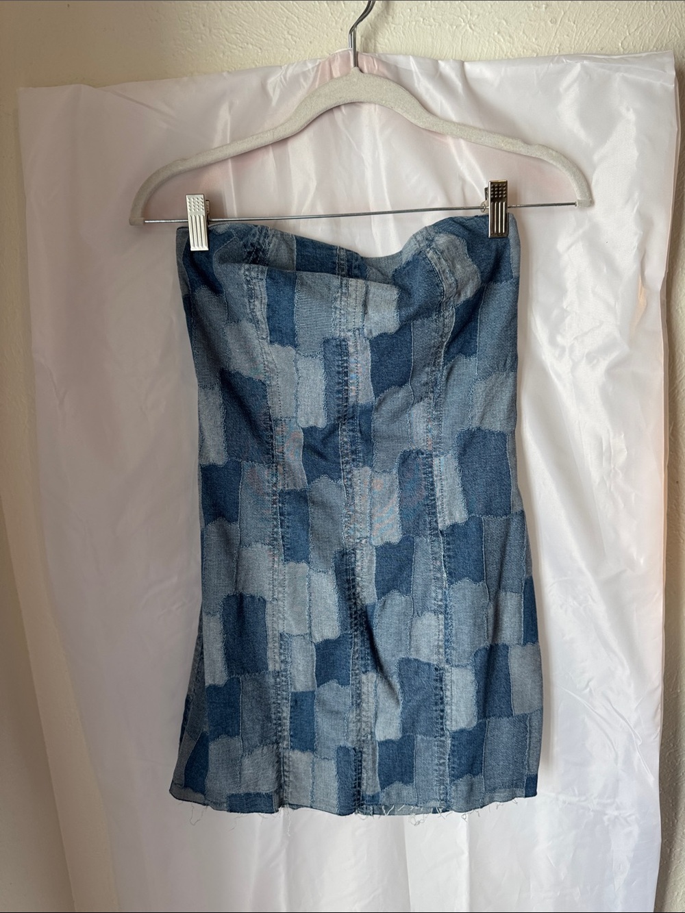 Denim Patchwork Strapless Mini Skirt - Blue